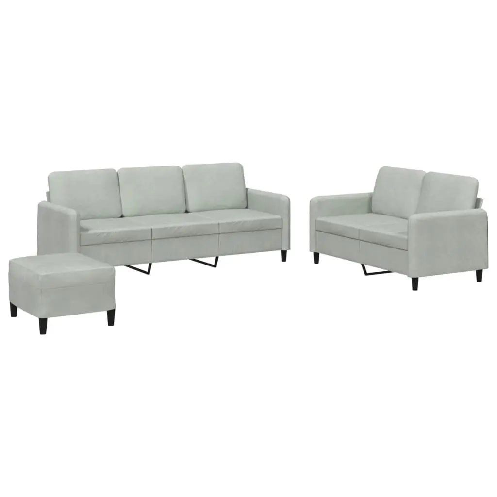 Grey Velvet Sofa Set 3 Piece Living Room Couch with Footstool