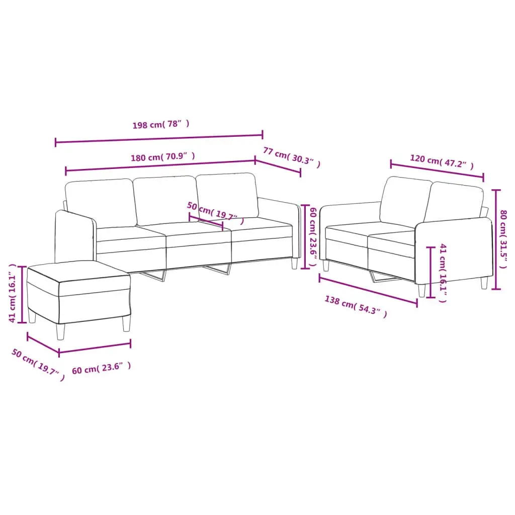 Grey Velvet Sofa Set 3 Piece Living Room Couch with Footstool