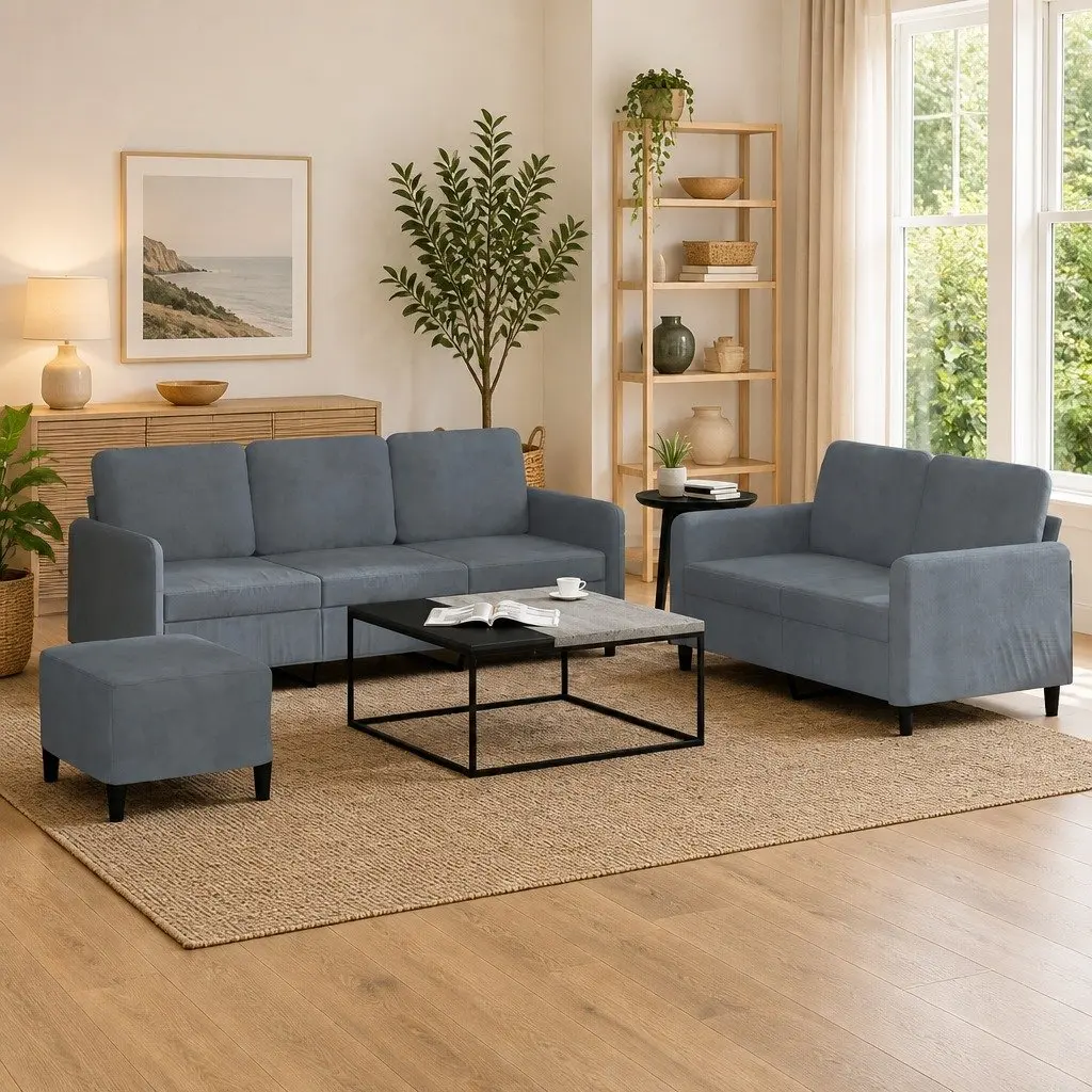 Grey Velvet Lounge Sofa Armchair Footstool 3 Piece Set Compact Living Room