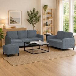 Elegant 3 Piece Grey Velvet Sofa Set