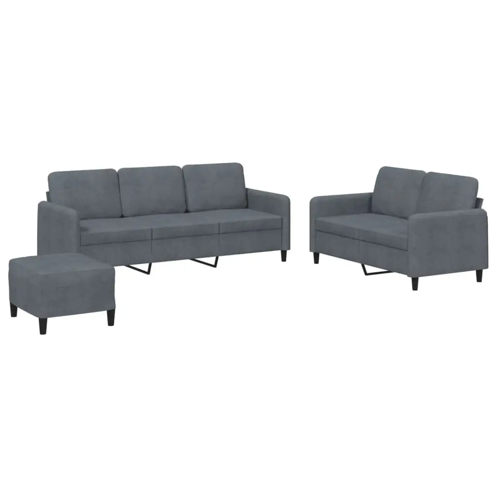 Grey Velvet Lounge Sofa Armchair Footstool 3 Piece Set Compact Living Room