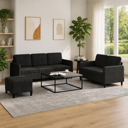Black Velvet 3-Piece Sofa Set with Footstool