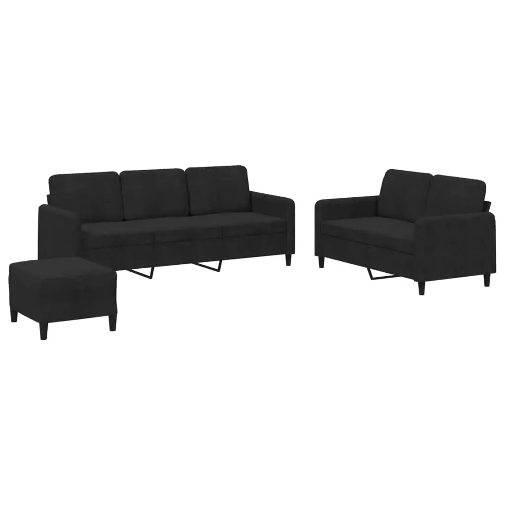 3 Piece Sofa Set Black Velvet Lounge Suite Compact Size Plywood and Metal Frame