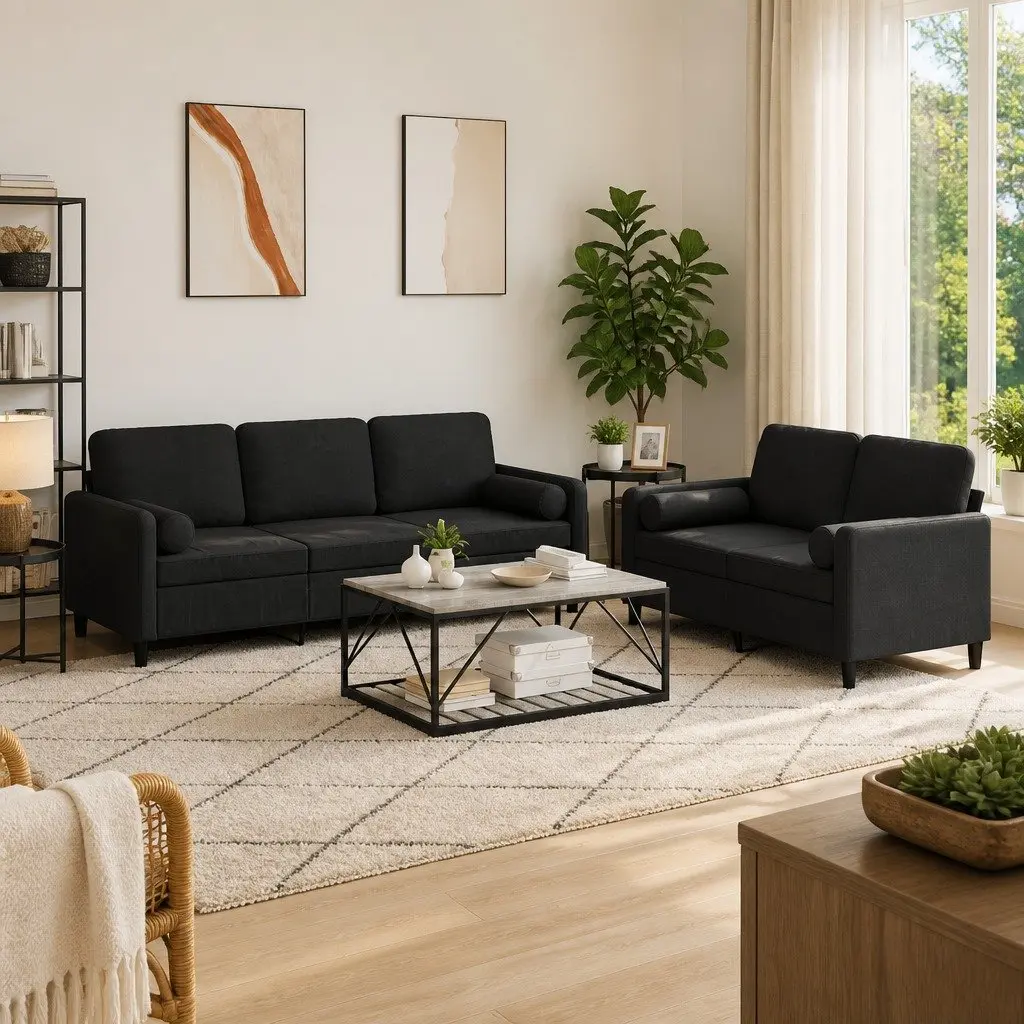 2 Piece Sofa Set with Pillows Black Velvet Lounge Suite Living Room Furniture
