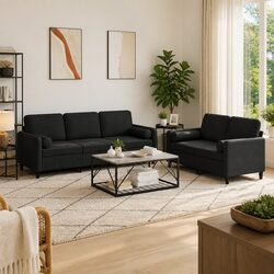 Stylish Black Velvet 2-Piece Sofa Set with Pillows