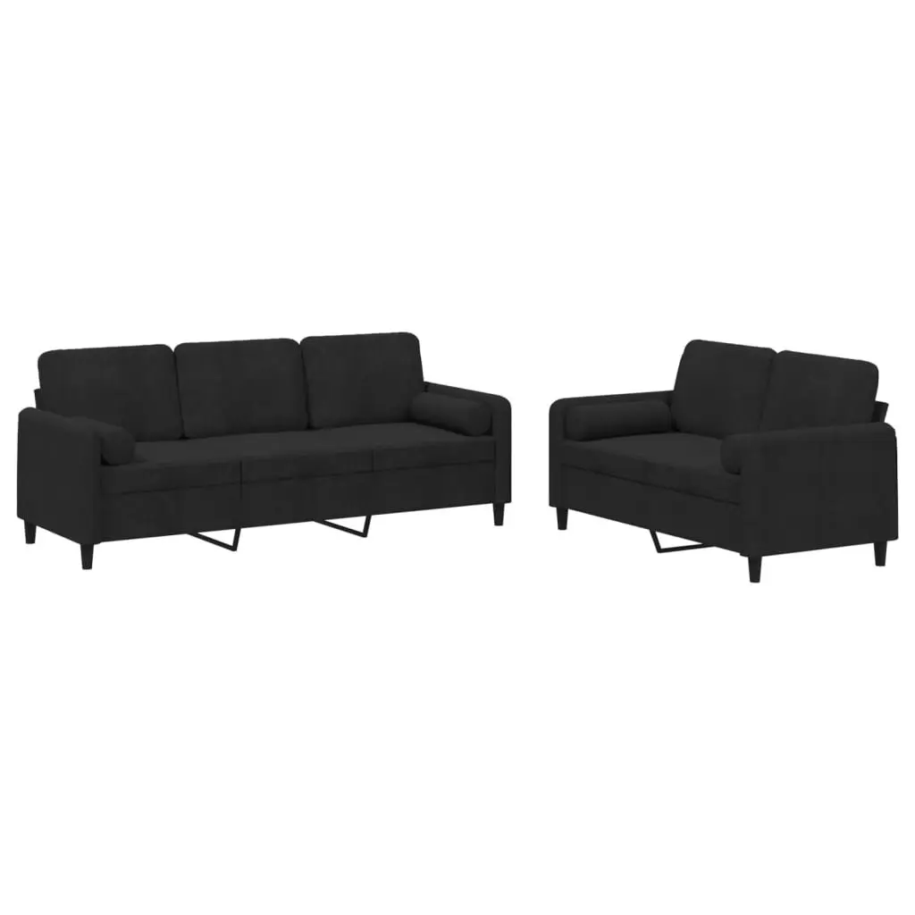 2 Piece Sofa Set with Pillows Black Velvet Lounge Suite Living Room Furniture