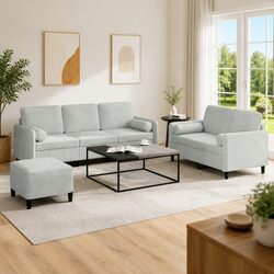 Grey Velvet 3 Piece Sofa Set with Pillows and Footstool