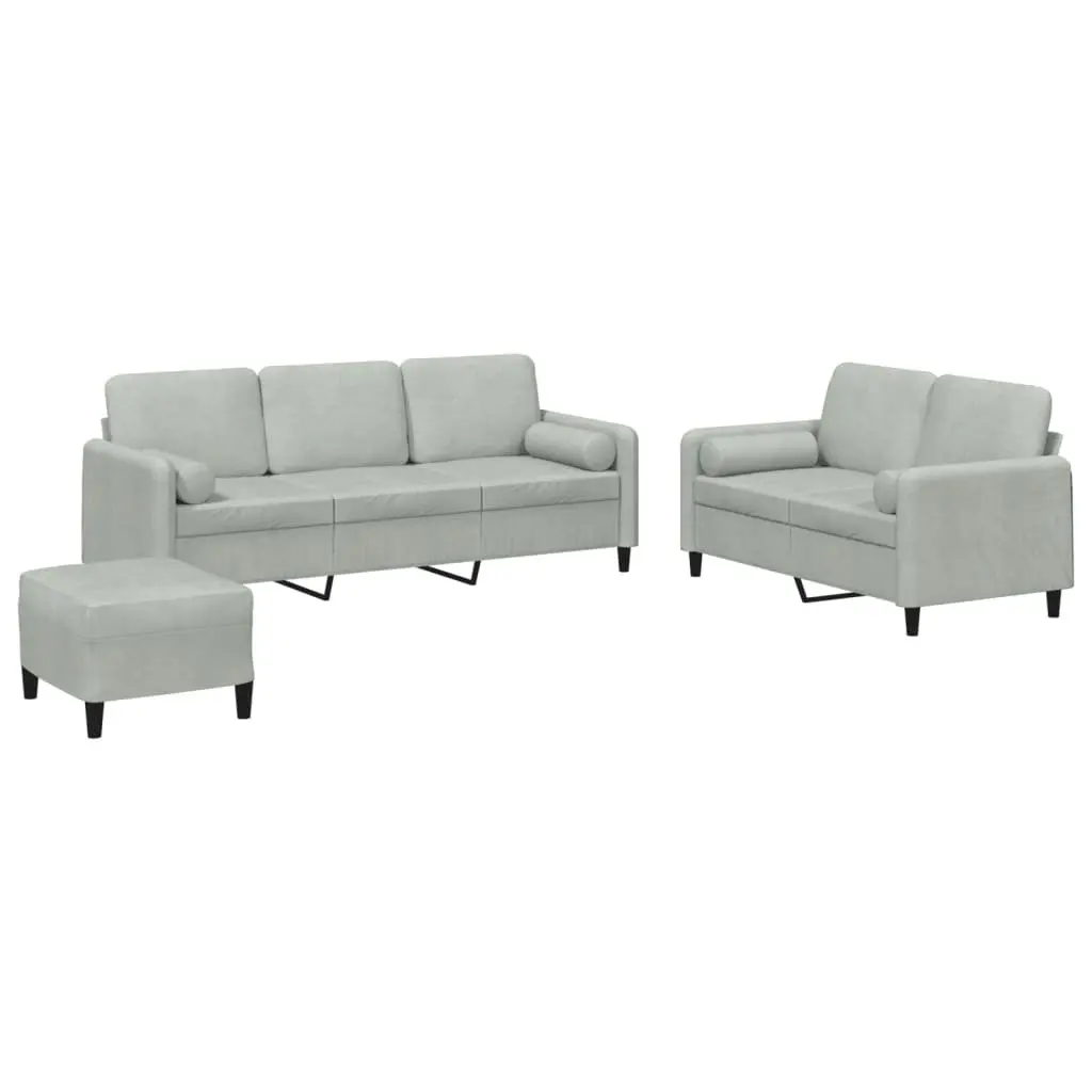 Grey Velvet Couch Set 3 Piece Living Room Furniture with Footstool and Pillows