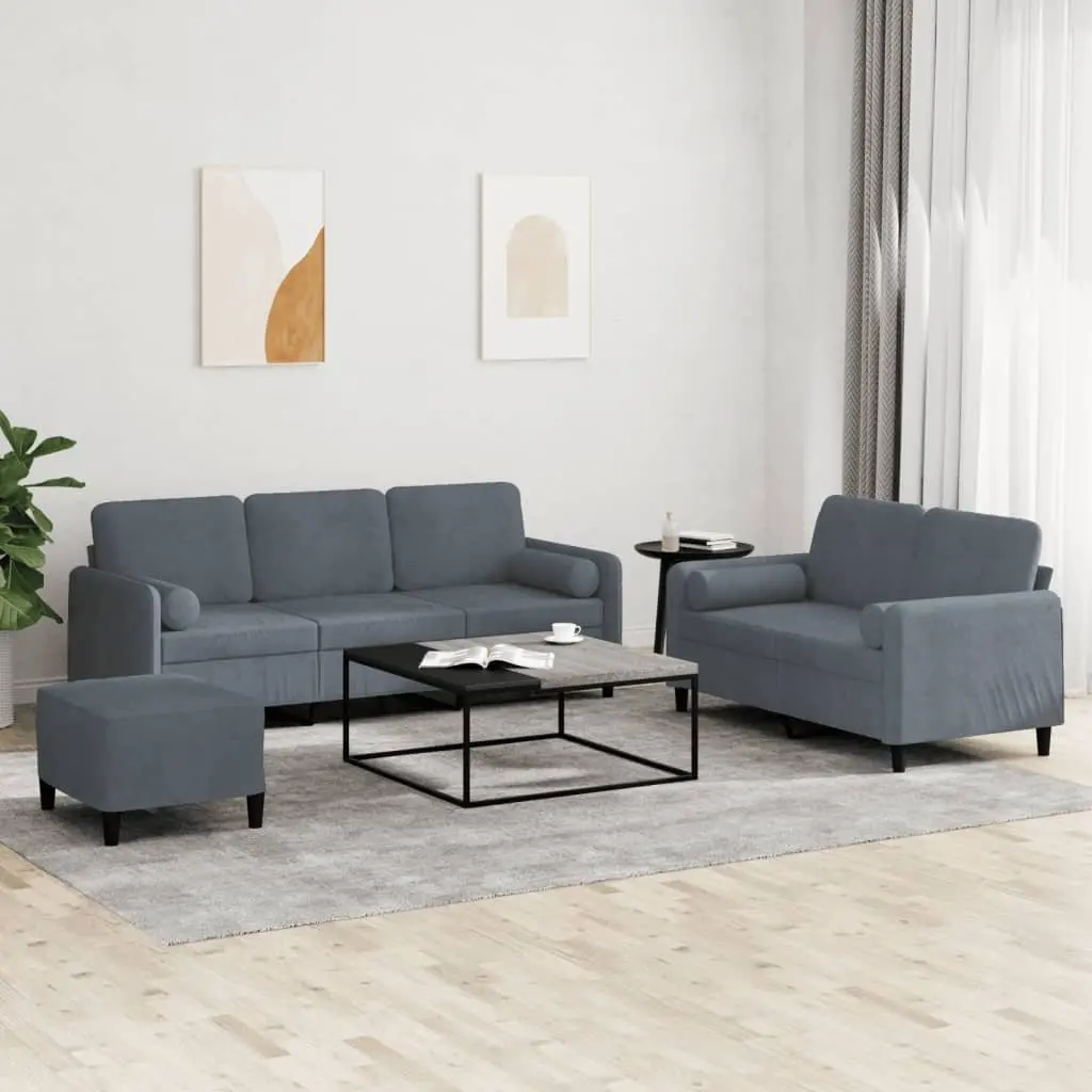 3 Piece Sofa Set Grey Velvet 2-Seater Couch Armchair Footstool with Pillows