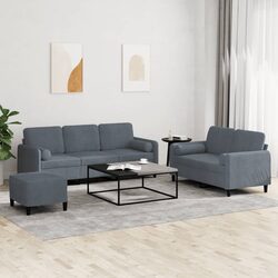 3 Piece Sofa Set Grey Velvet Couch with Pillows Footstool Living Room Furniture