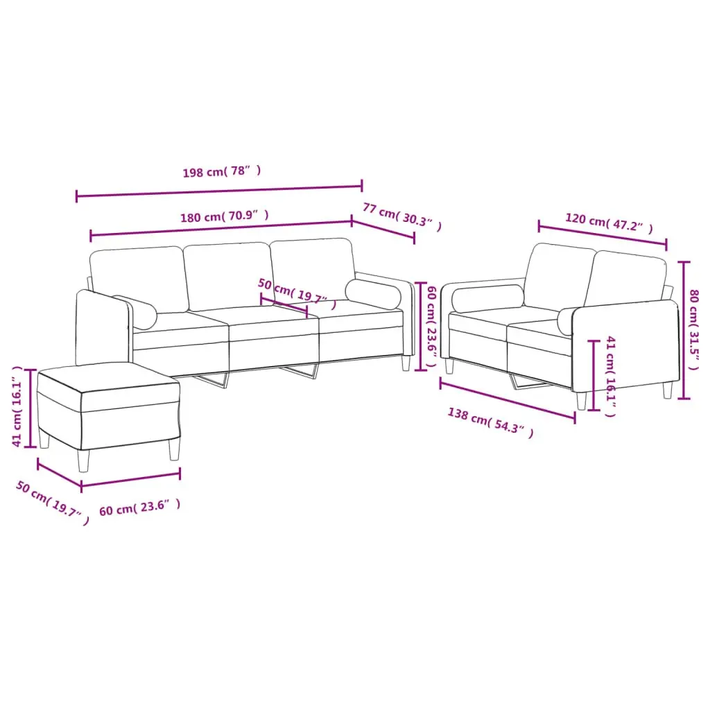 3 Piece Sofa Set Grey Velvet 2-Seater Couch Armchair Footstool with Pillows
