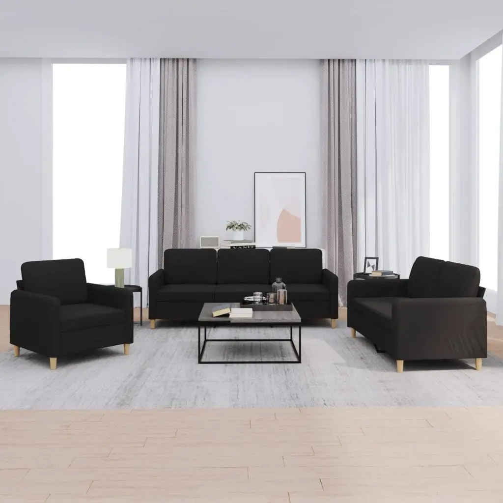 Black Fabric Lounge Suite Sofa Set 3 Piece Cushioned Living Room Furniture