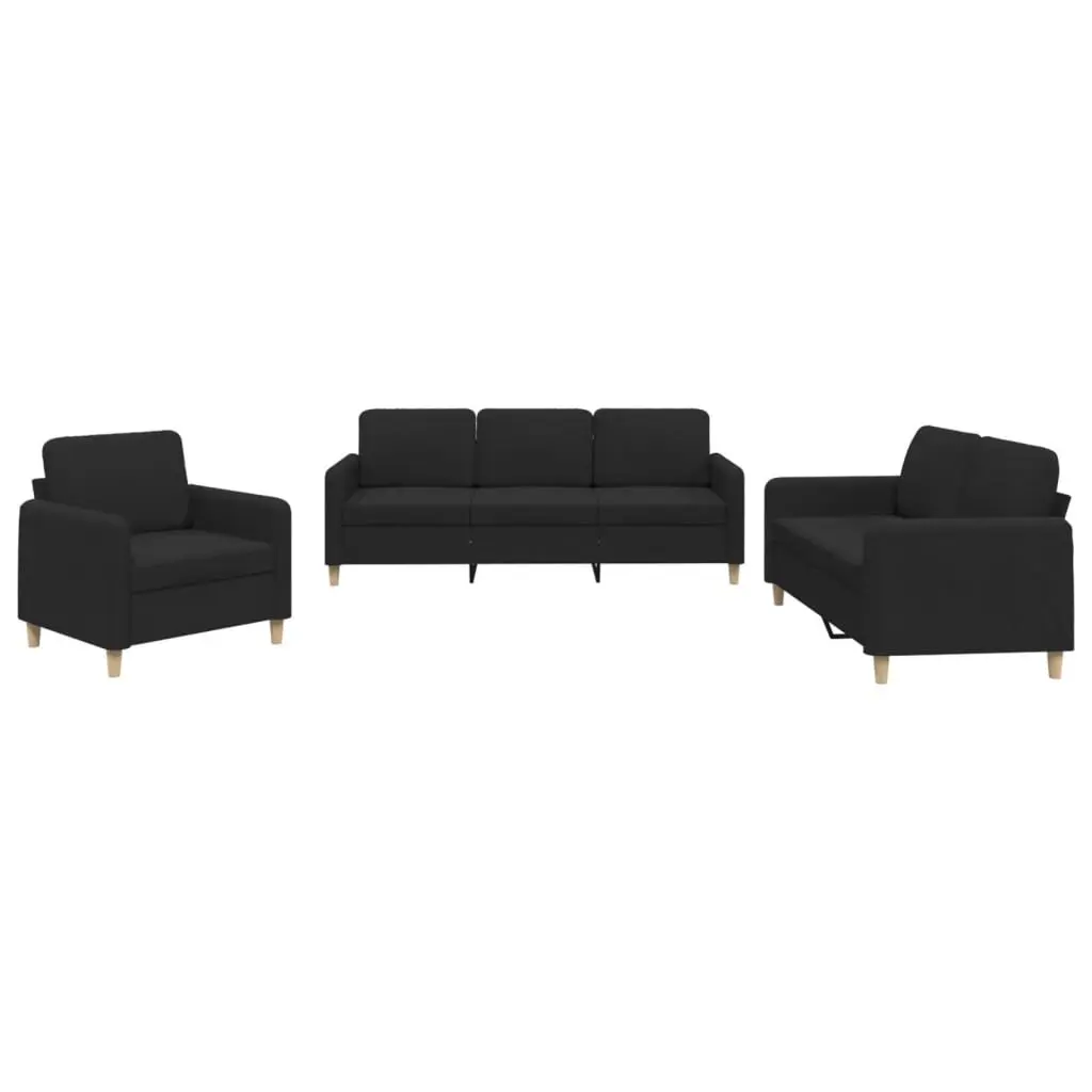 Black Fabric Lounge Suite Sofa Set 3 Piece Cushioned Living Room Furniture