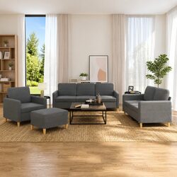 Grey Fabric 4 Piece Lounge Suite with Cushions and Footstool