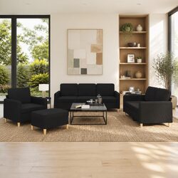 4 Piece Black Fabric Sofa Set with Cushions and Footstool