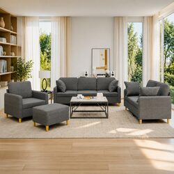 Inviting 4 Piece Grey Fabric Sofa Set with Pillows