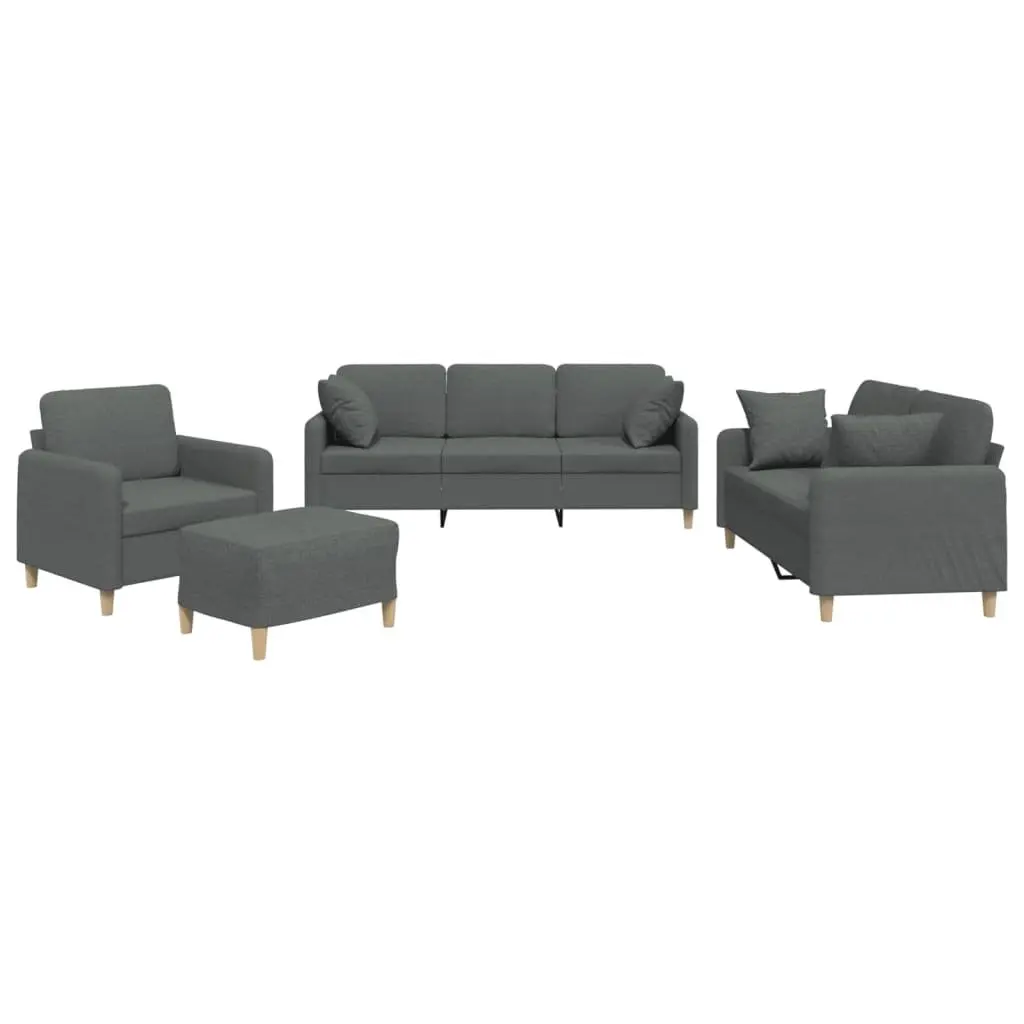 Grey Fabric Couch Set 4 Piece with Footstool and Throw Pillows Compact Living Room Furniture