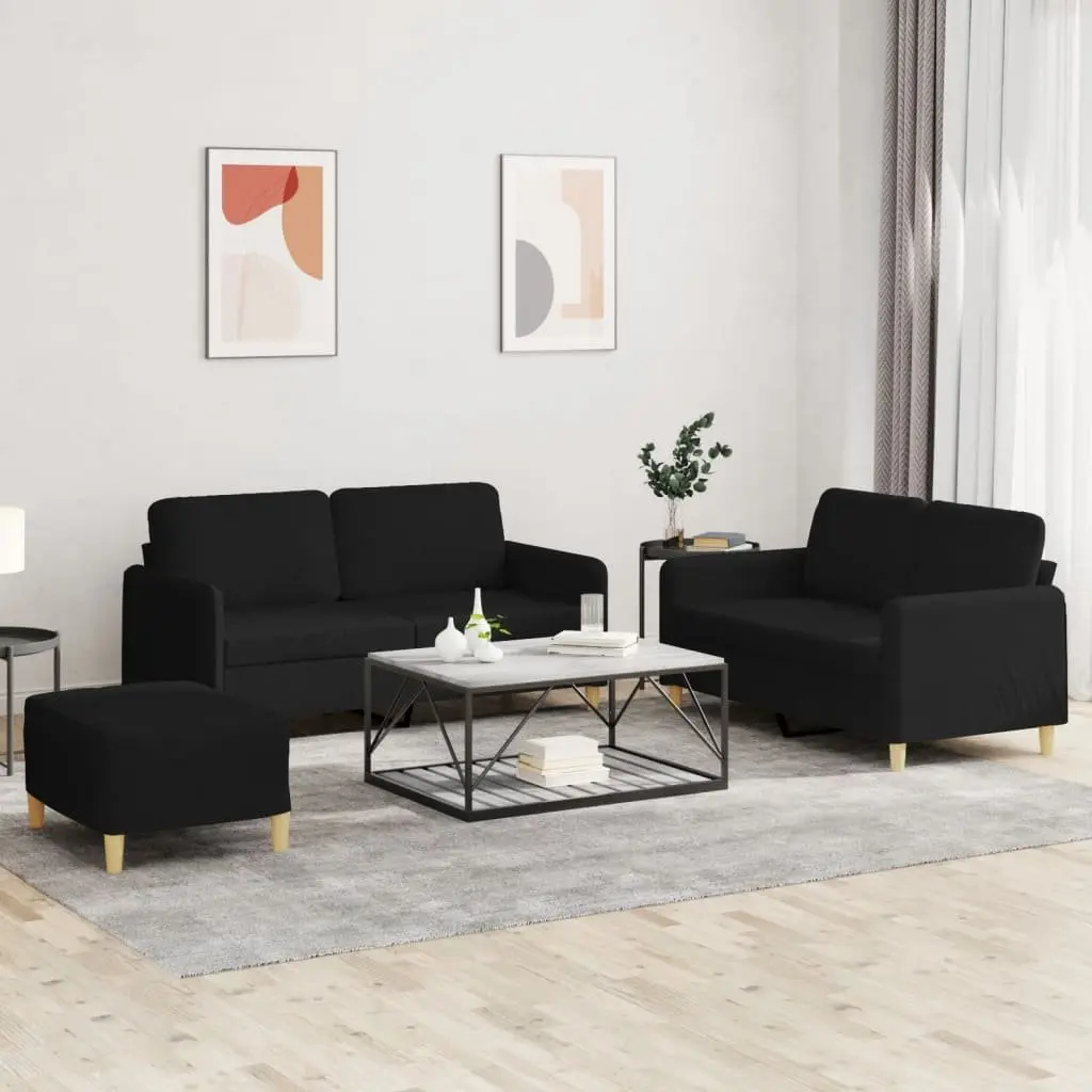 3 Piece Sofa Set Black Fabric Compact Living Room Lounge Suite