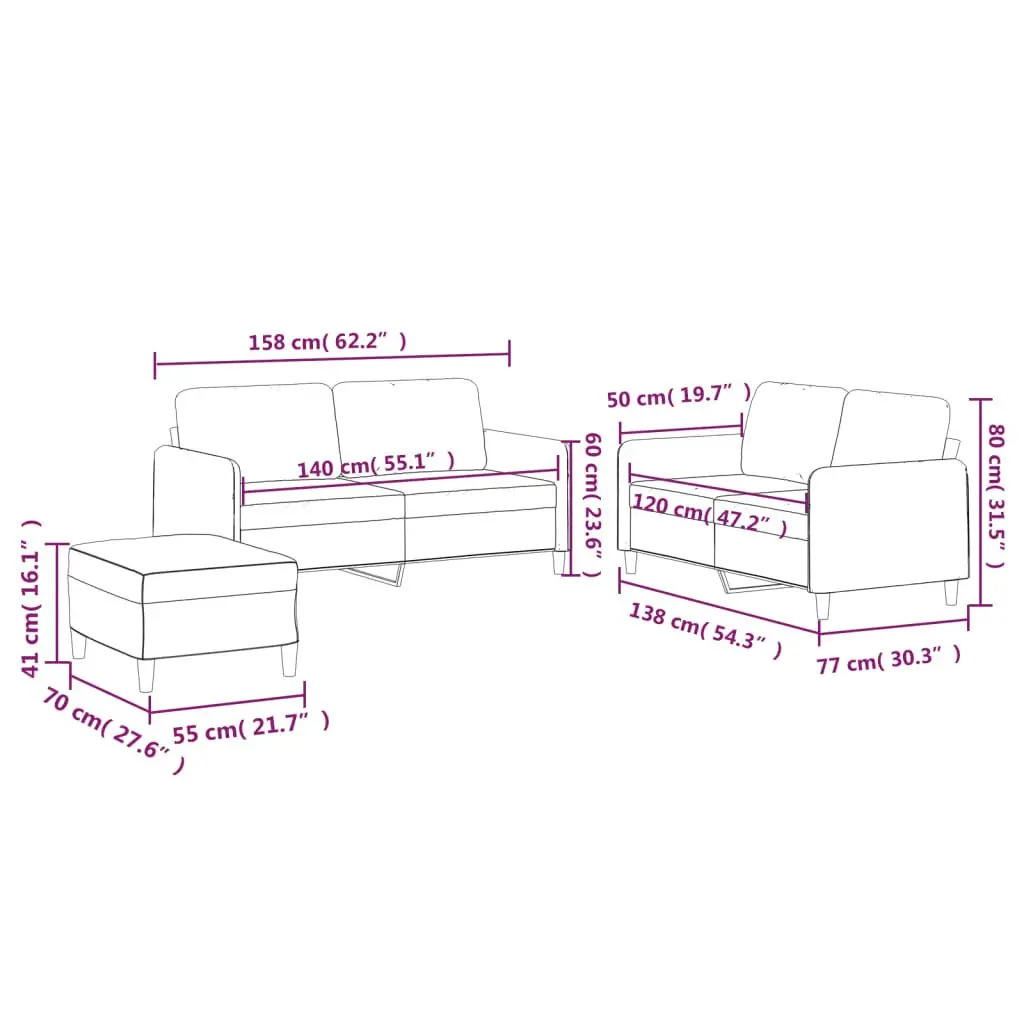 3 Piece Sofa Set Black Fabric Compact Living Room Lounge Suite