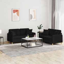 2 Piece Sofa Set with Pillows Black Fabric Couch Living Room Seating Suite