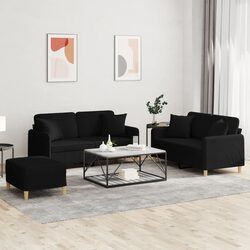3 Piece Sofa Set with Throw Pillows Footstool Black Fabric Living Room Couch