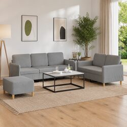 Grey Fabric 3 Piece Sofa Set with Cushions & Footstool