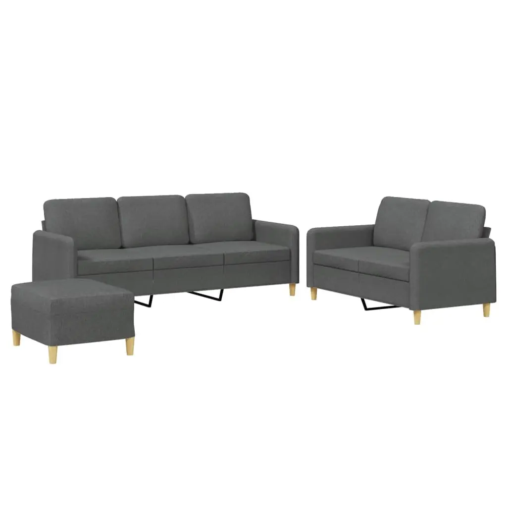 Grey Fabric Sofa Set 3 Piece Living Room Furniture Plywood and Metal Frame Breathable Upholstery