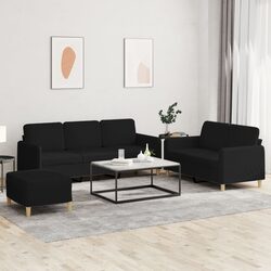 3 Piece Sofa Set with Cushions Black Fabric Lounge Couch Footstool Living Room