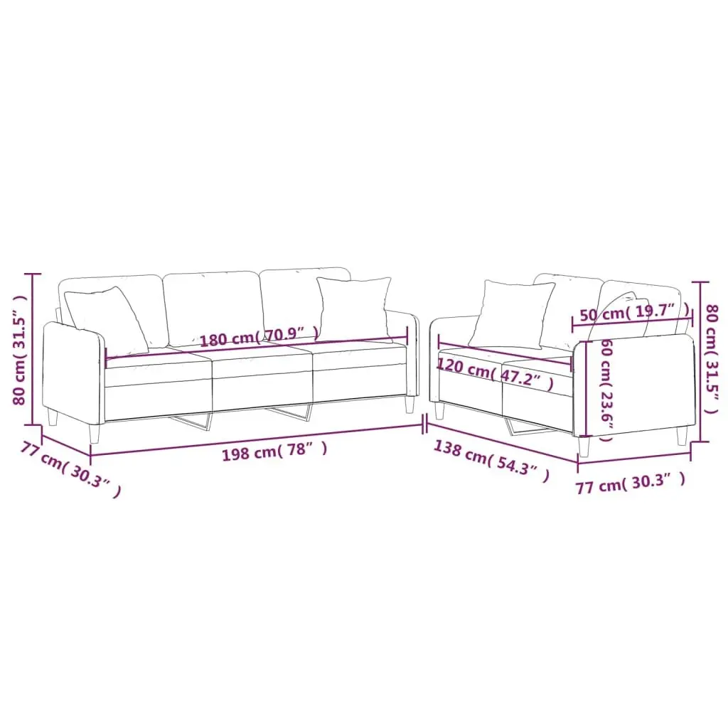 2 Piece Sofa Set Black Fabric Couch Plywood Metal Frame Living Room Furniture
