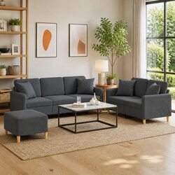 Grey Fabric 3 Piece Sofa Set with Pillows and Footstool