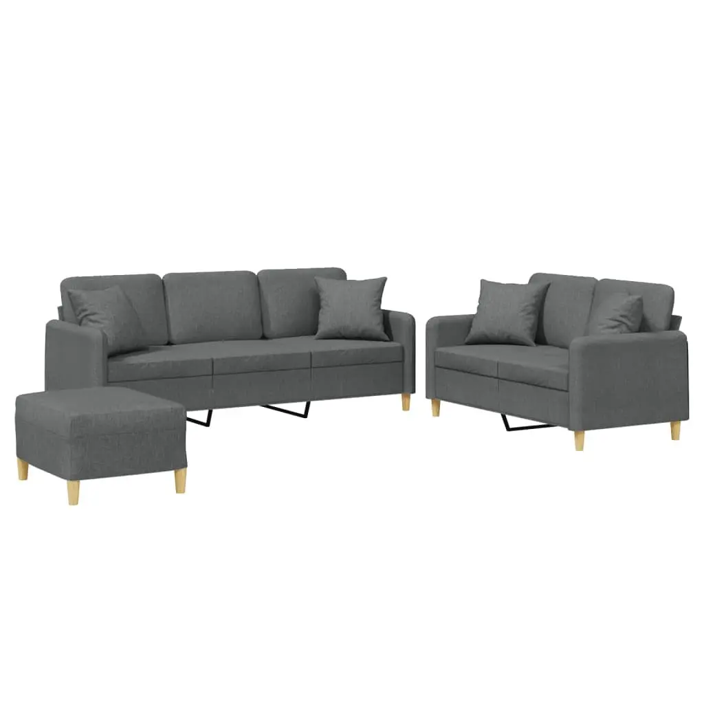 Grey Fabric Couch Set 3 Piece Living Room Sofa with Footstool and Throw Pillows