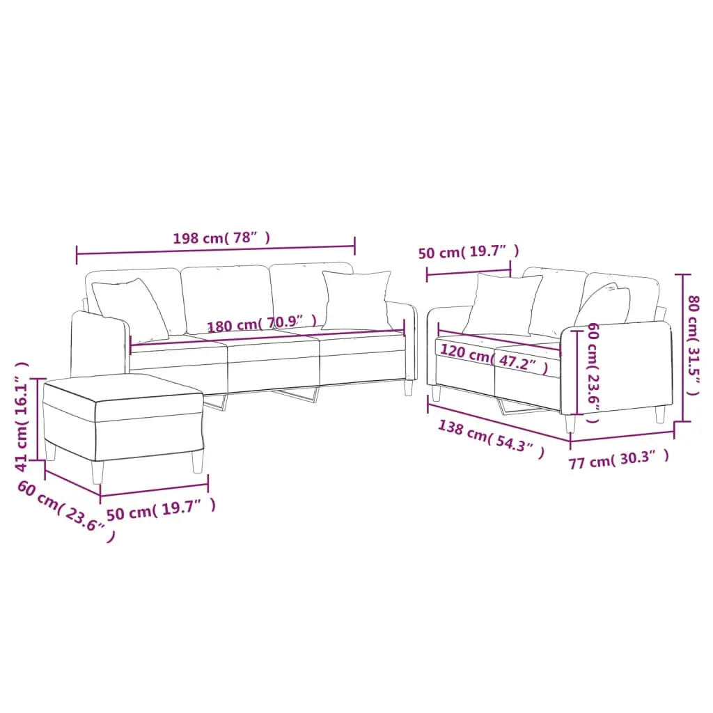 Grey Fabric Couch Set 3 Piece Living Room Sofa with Footstool and Throw Pillows