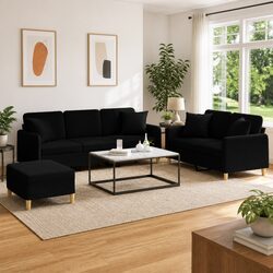 3 Piece Black Fabric Sofa Set with Cushions & Footstool