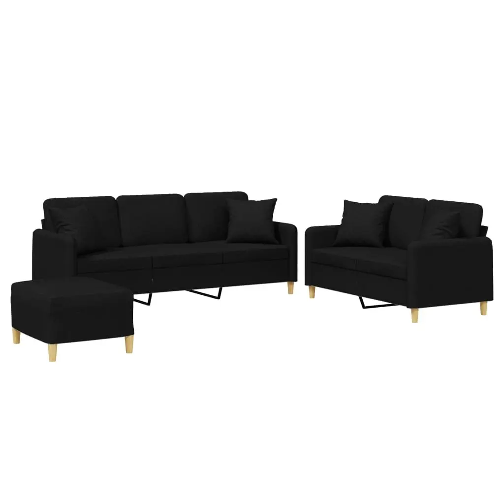 Black Fabric Couch Set 3 Piece with Throw Pillows and Footstool for Living Room