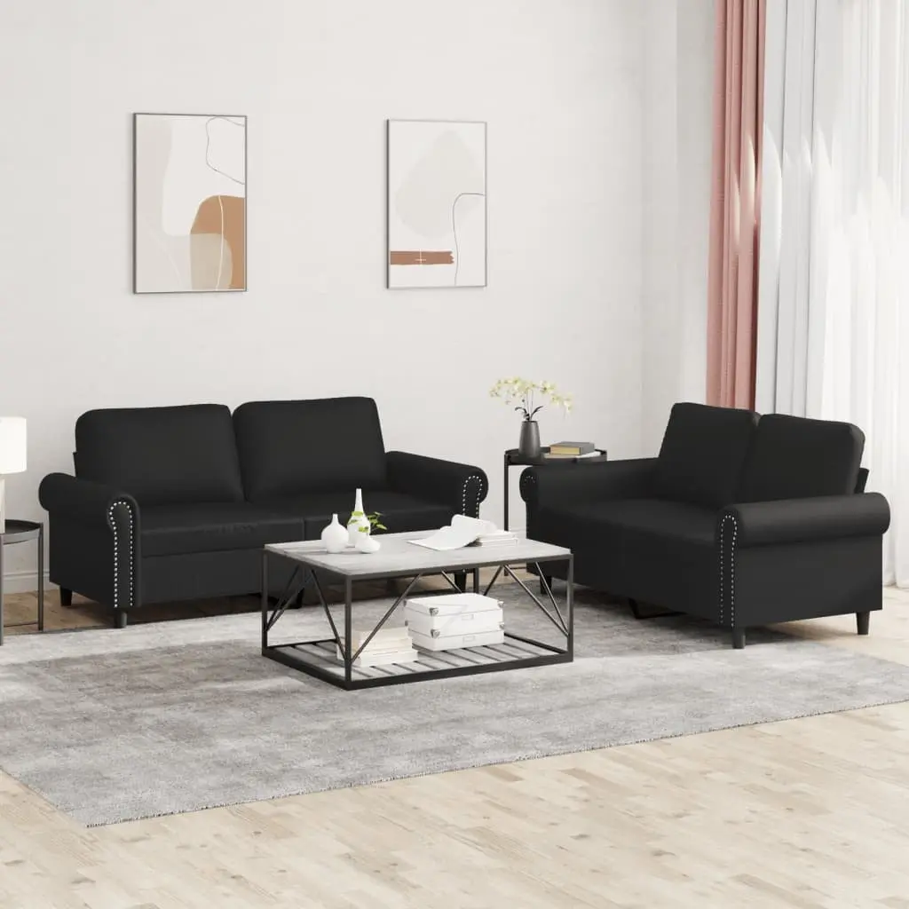 2 Piece Sofa Set Black Faux Leather Cushioned Living Room Furniture