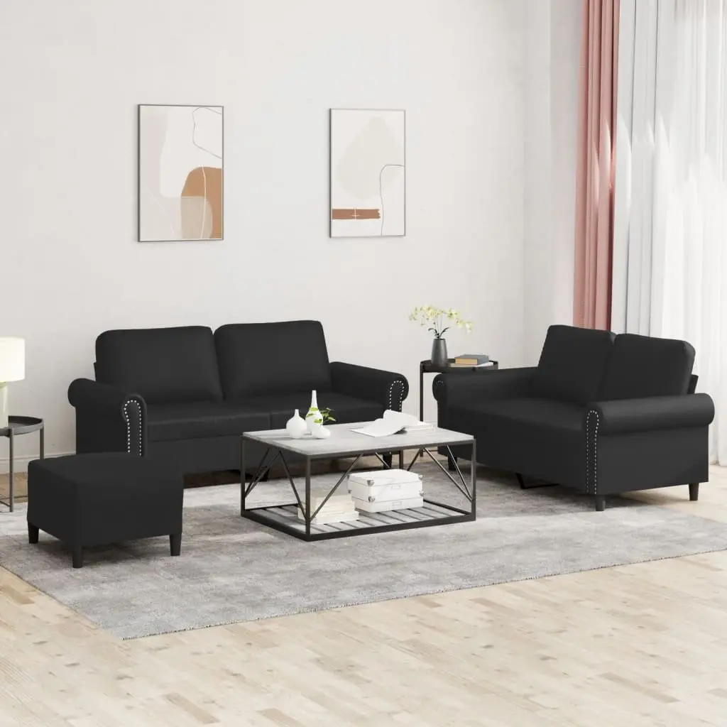 3 Piece Sofa Set with Footstool Cushions Black Faux Leather Living Room