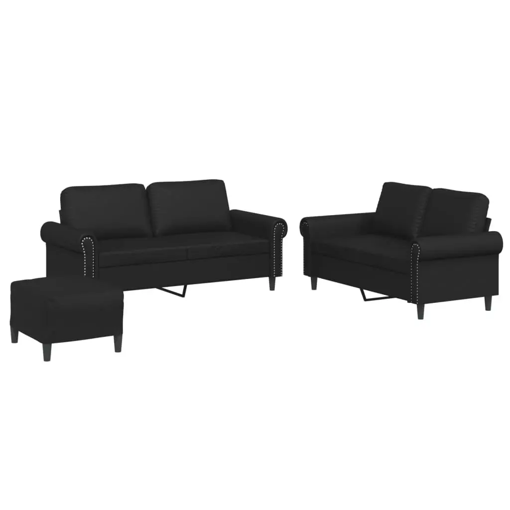 3 Piece Sofa Set with Footstool Cushions Black Faux Leather Living Room