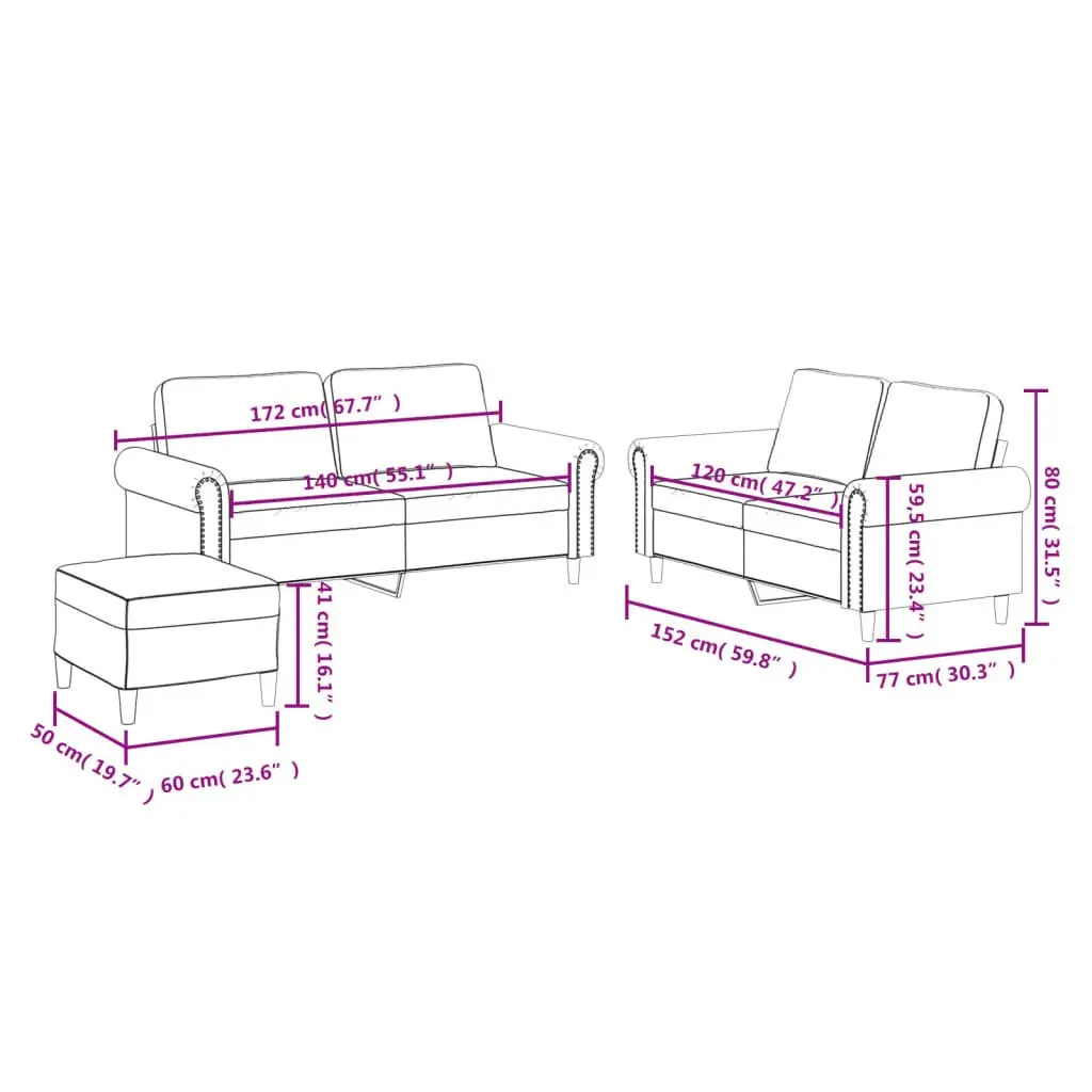 3 Piece Sofa Set with Footstool Cushions Black Faux Leather Living Room