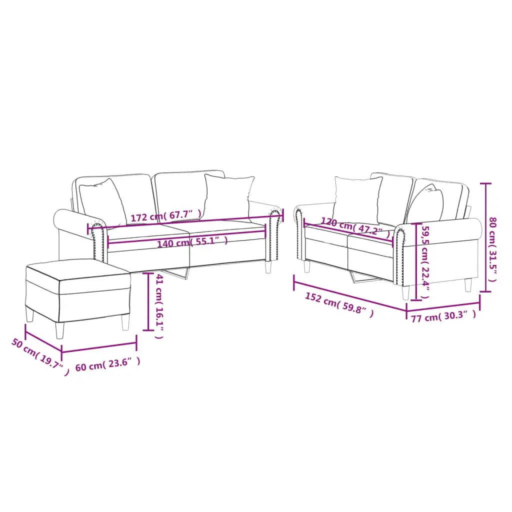 3 Piece Sofa Set with Throw Pillows Footstool Black Faux Leather Living Room