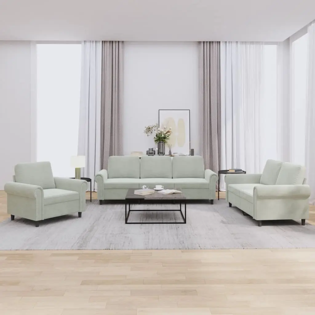 3 Piece Sofa Set Grey Velvet Cushioned Armchair Couch