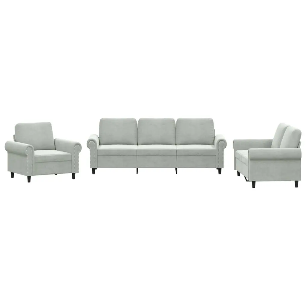 3 Piece Sofa Set Grey Velvet Cushioned Armchair Couch