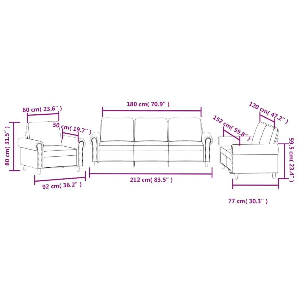 3 Piece Sofa Set Grey Velvet Cushioned Armchair Couch