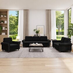 3-Piece Black Velvet Sofa Set with Cushions