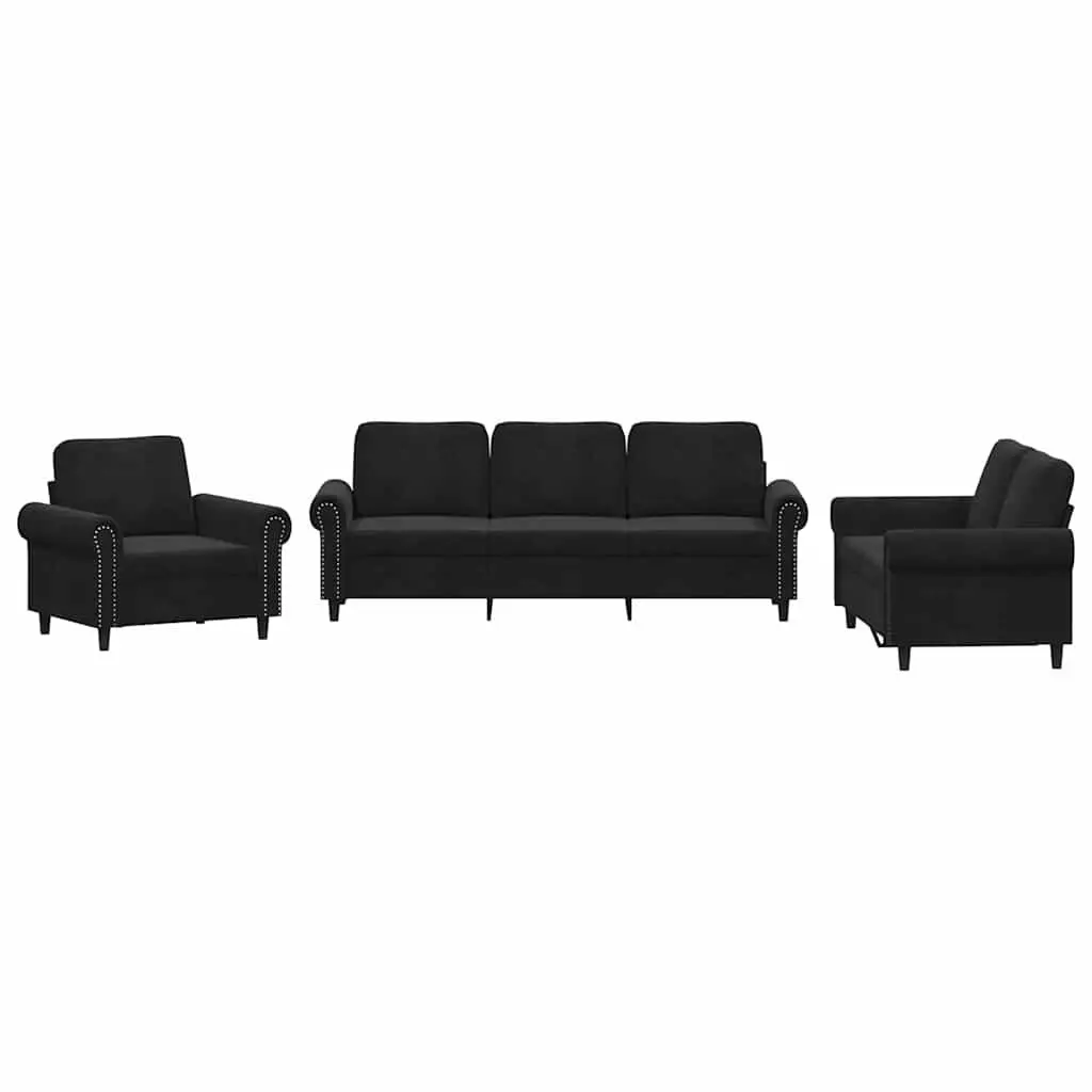 3 Piece Sofa Set Black Velvet Cushions Living Room Lounge Seating Suite