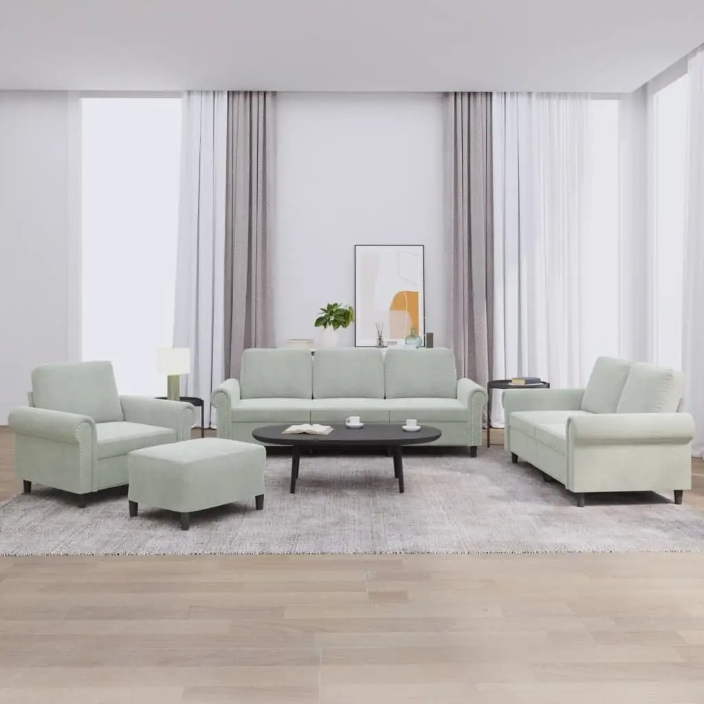4 Piece Sofa Set Grey Velvet Upholstery Compact Living Room Furniture