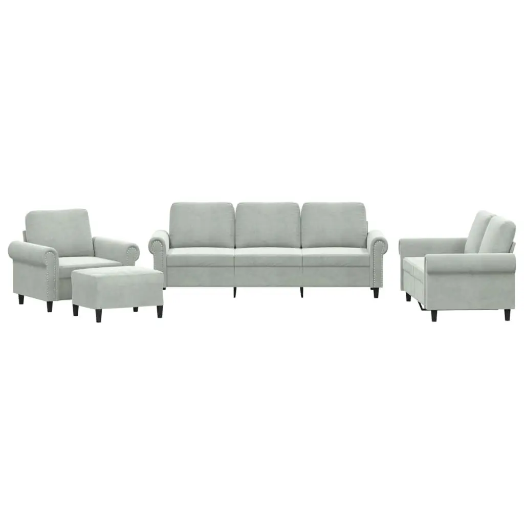 4 Piece Sofa Set Grey Velvet Upholstery Compact Living Room Furniture