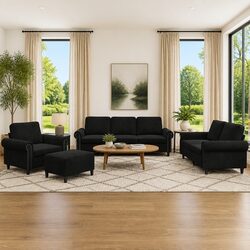 Elegant 4 Piece Black Velvet Sofa Set with Footstool
