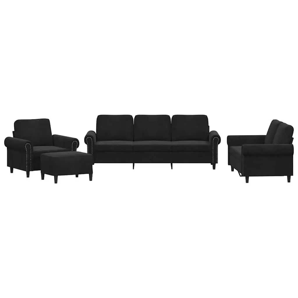 4 Piece Sofa Set Black Velvet Living Room Sectional Plywood and Metal Frame