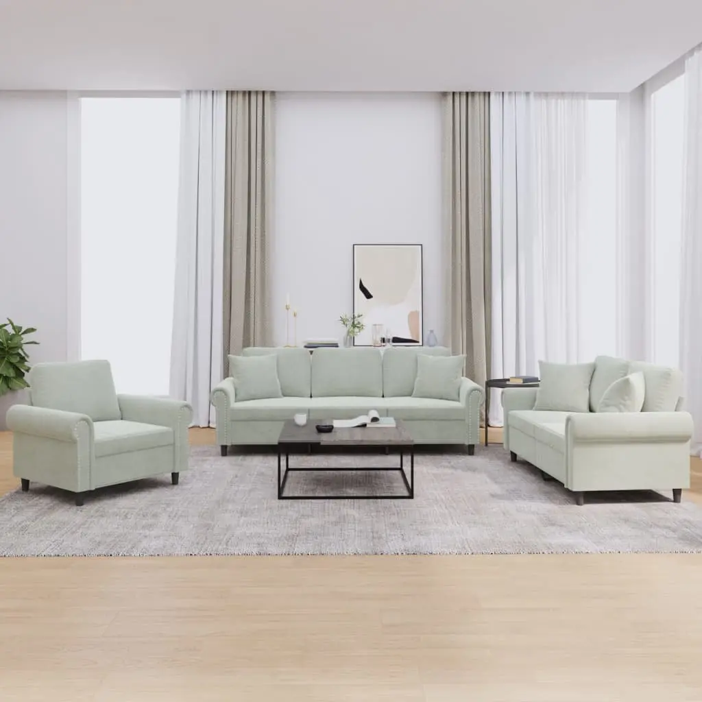 3 Piece Sofa Set Grey Velvet Upholstery Plywood and Metal Frame