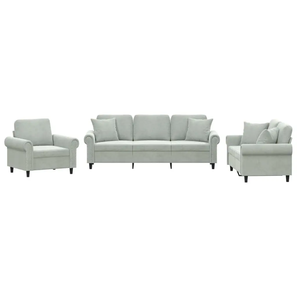 3 Piece Sofa Set Grey Velvet Upholstery Plywood and Metal Frame